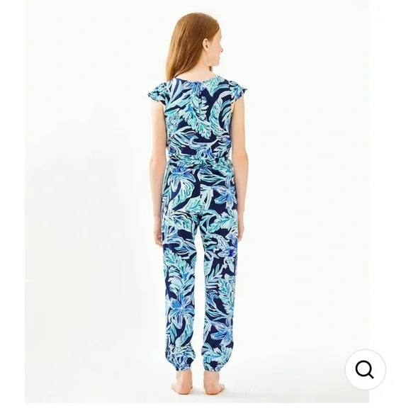 Lilly Pulitzer Odessa Girls Blue Patterned Ruffle Jumpsuit - Picture 3 of 11